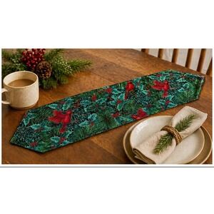 Christmas Cardinal‎ Table Runner 38" Reversible Holiday Pinecone Holly Red Decor